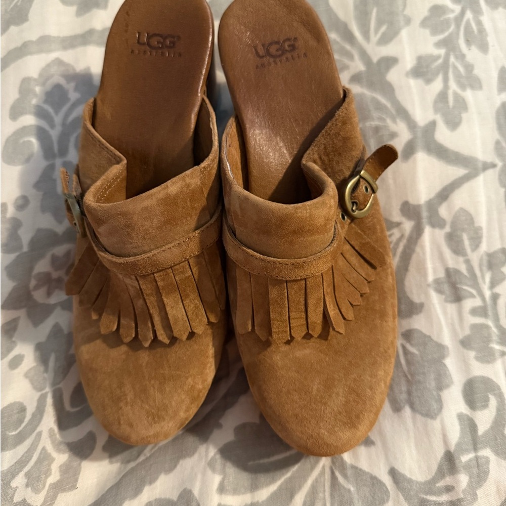UGG Brown Suede Fringe Clogs